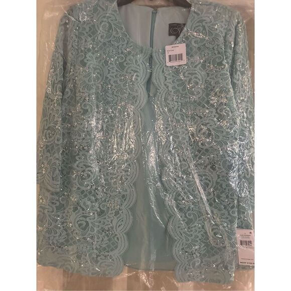 Alex Evenings size 1X turquoise dress jacket Sequin Lace Chiffon Round Neck 3/4 - Picture 4 of 7